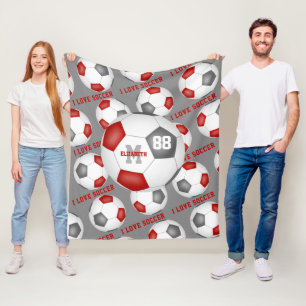 girls sports decor I love soccer red grey Fleece Blanket
