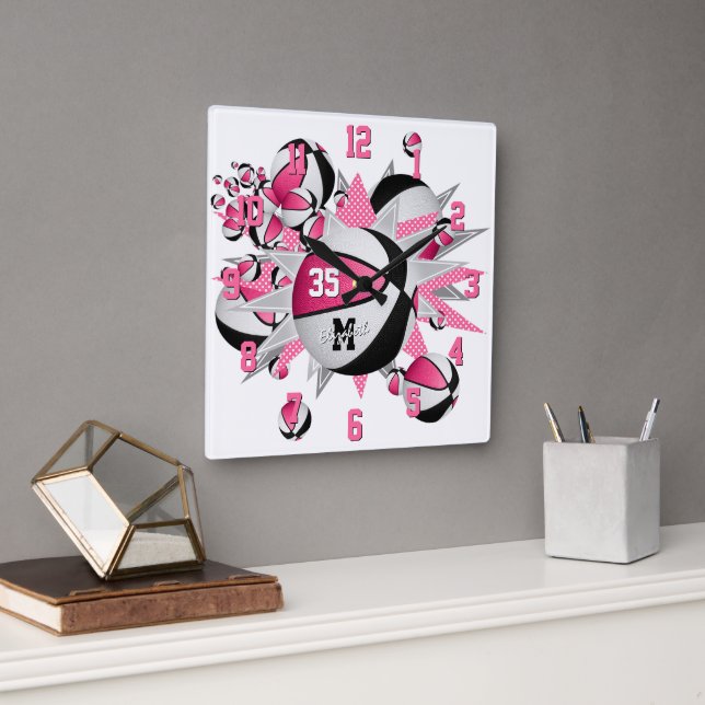 girls sports decor pink black basketballs stars square wall clock (Office)
