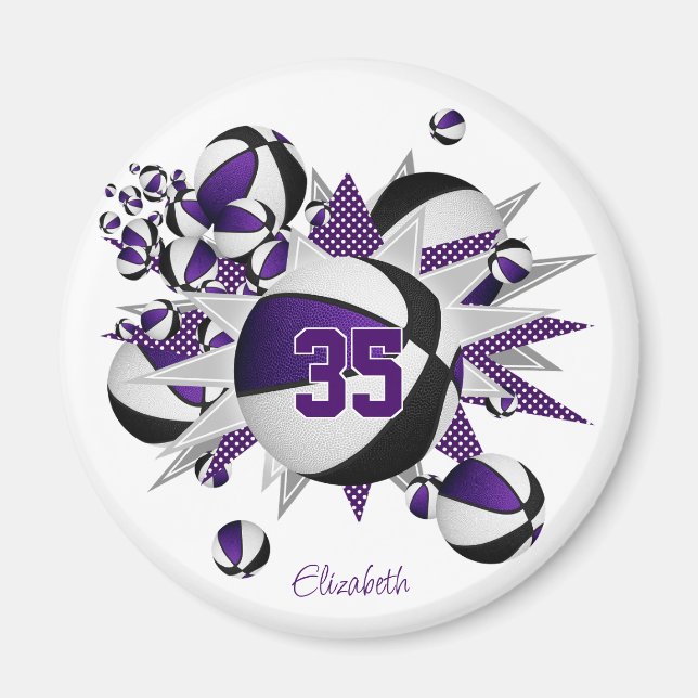 girls sports gifts purple black basketballs stars magnet (Front)