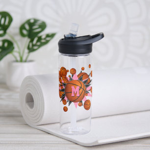 girls sports pink black basketballs stars water bottle