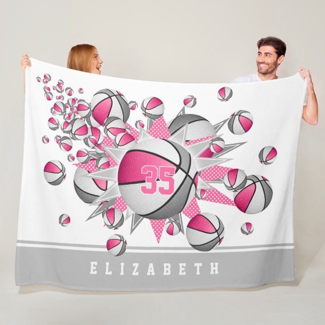 girls sports pink grey basketballs stars fleece blanket (In Situ)