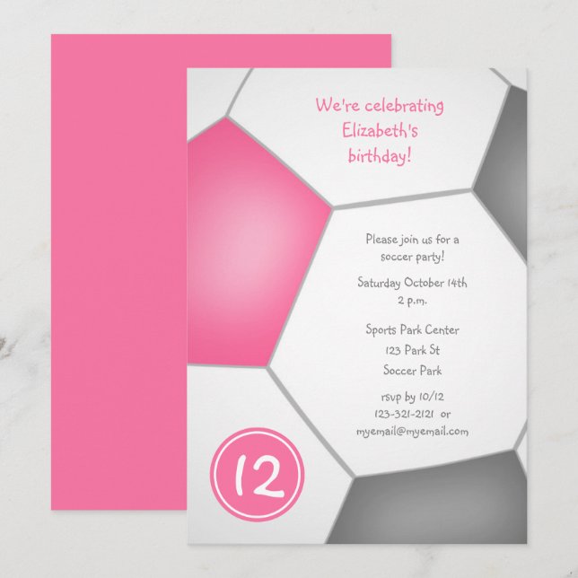 girls sports pink grey soccer birthday party invitation (Front/Back)
