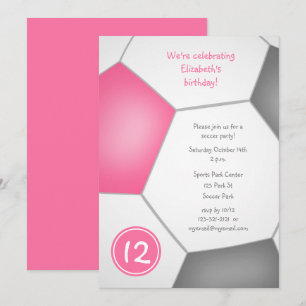 girls sports pink grey soccer birthday party invitation