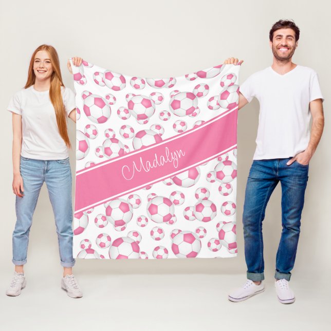 girls sports pink white soccer balls pattern fleece blanket (In Situ)