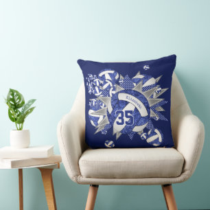 girls sports room blue white volleyballs stars  cushion