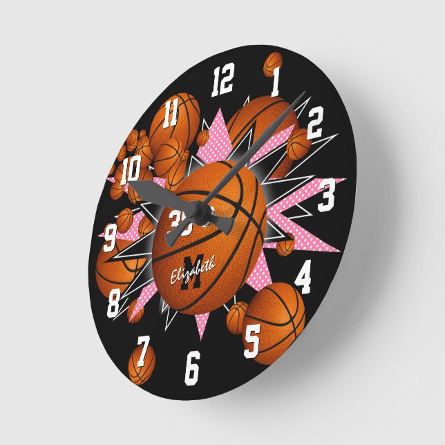 girls sports room decor basketballs stars round clock (Angle)