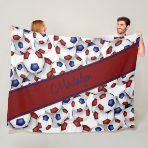 girls sports room decor maroon blue soccer fleece blanket