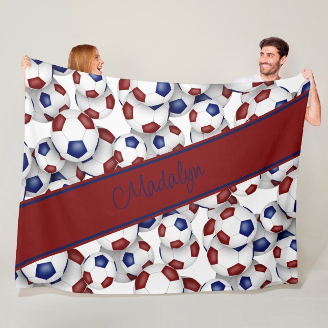 girls sports room decor maroon blue soccer fleece blanket (In Situ)