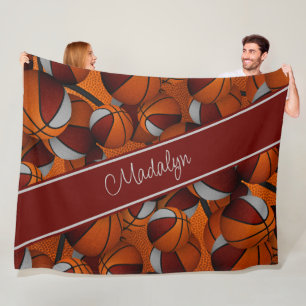 girls sports room decor maroon grey basketballs fleece blanket