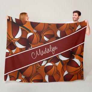 girls sports room decor maroon white basketballs fleece blanket