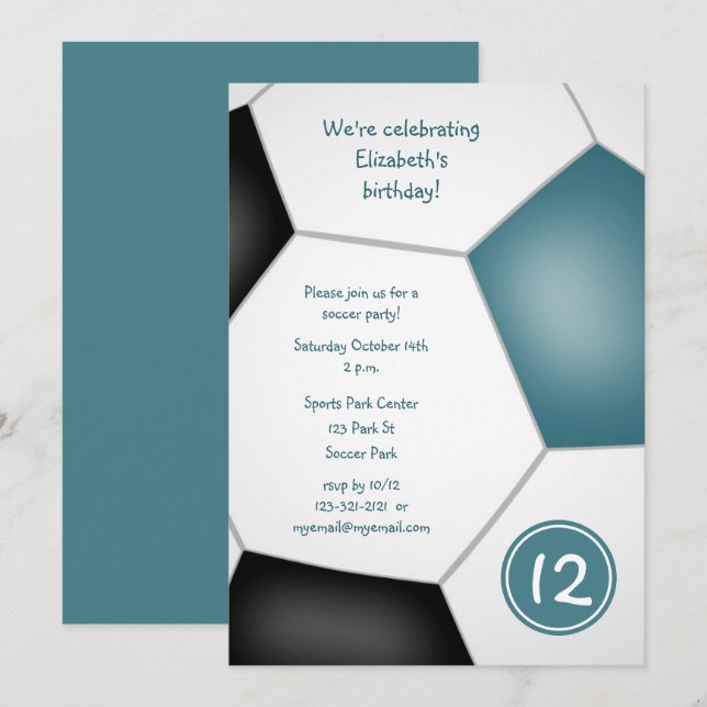 girls sports teal black soccer birthday party invitation (Front/Back)