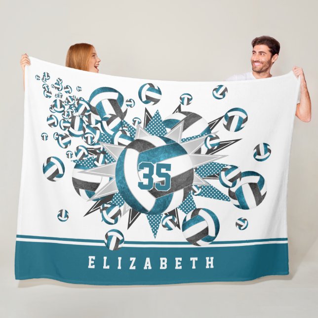 girls sports teal black volleyballs stars fleece blanket (In Situ)