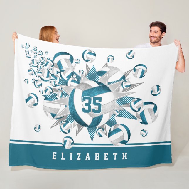 girls sports teal grey volleyballs stars fleece blanket (In Situ)