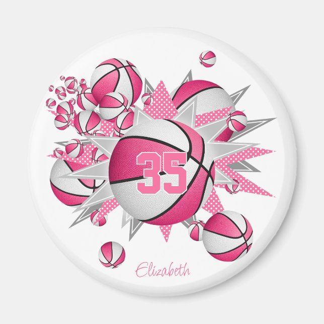 girls sports team gifts basketballs stars pink magnet (Front)