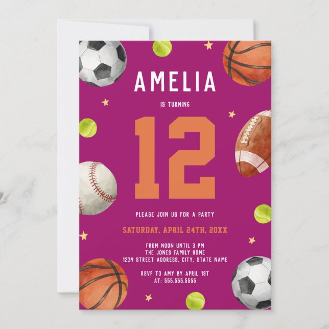 Girls Sports Theme Birthday Party  Invitation (Front)