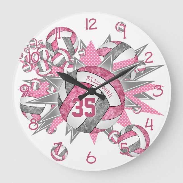 girls sporty pink grey volleyball blowout large clock (Front)