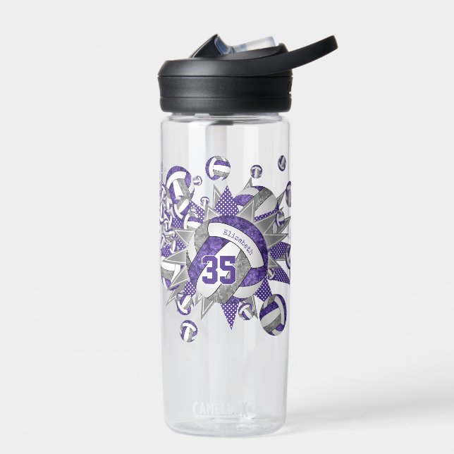 girls sporty purple grey volleyballs stars  water bottle (Left)