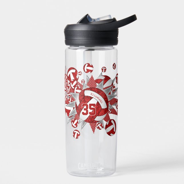 girls sporty red white grey volleyballs stars  water bottle (Left)