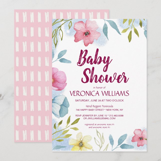 Girls Spring Floral Watercolor Baby Shower Invitation (Front/Back)