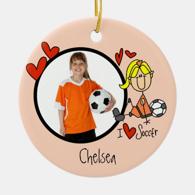 Girls Stick Figure Soccer Photo Ornament (Front)