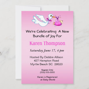 Girls Stork   Baby Shower  Invitation