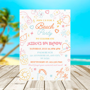 Girls Summer party  Colorful Beach Birthday Invitation