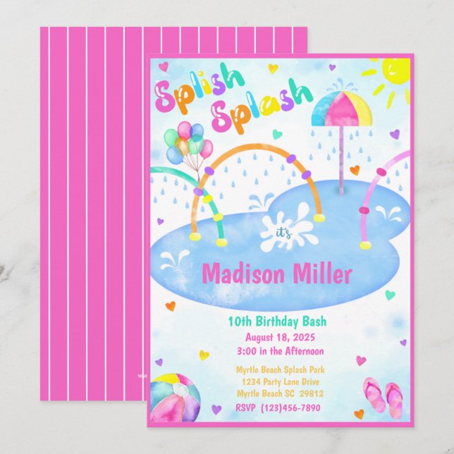 Girls Summer Splash Park Birthday Party Invitation (Front/Back)