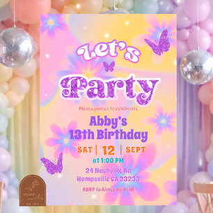 Girls Summer Tie Dye Let's party Birthday Invitation