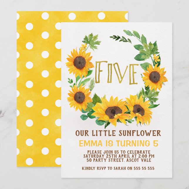 Girls Sunflower Wreath 5th Birthday Invitation (Front/Back)