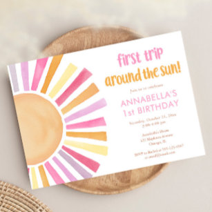 Girls Sunshine First Trip Around the Sun birthday Invitation