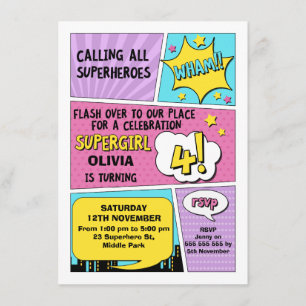 Girls Superhero 4th Birthday Invitation