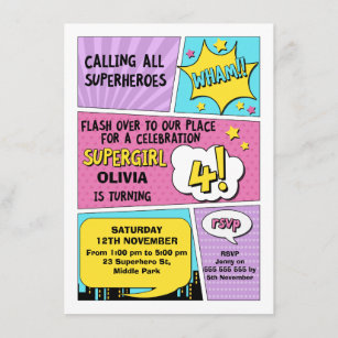 Girls Superhero 4th Birthday Invitation