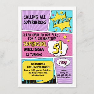 Girls Superhero 5th Birthday Invitation