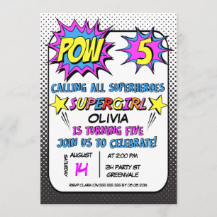 Girls Superhero 5th Birthday Party Invitation