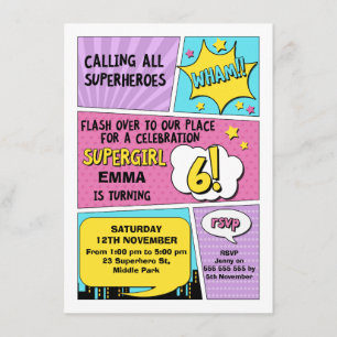 Girls Superhero 6th Birthday Invitation