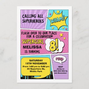 Girls Superhero 8th Birthday Invitation
