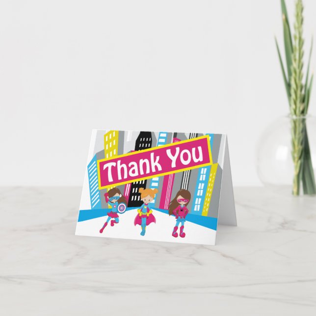 Girls Superhero Birthday Thank You Cards (Front)