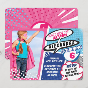Girl's Superhero Comic Photo Birthday Invitation