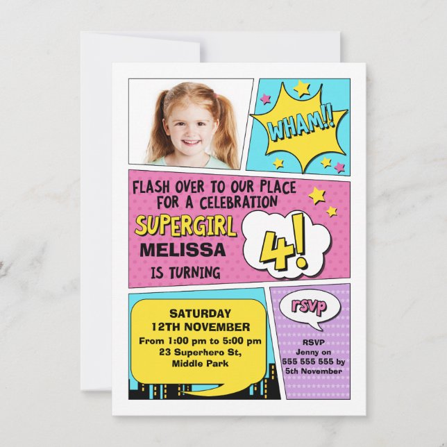 Girls Superhero Photo 4th Birthday Invitation (Front)
