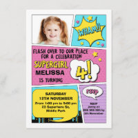Girls Superhero Photo 4th Birthday Invitation