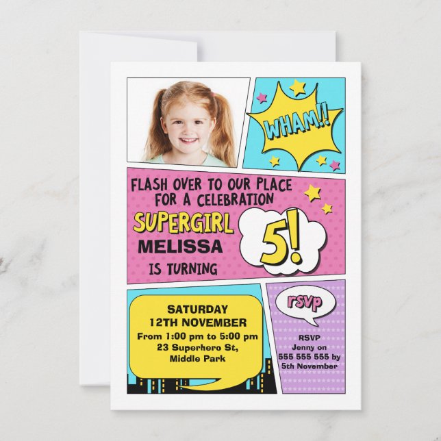 Girls Superhero Photo 5th Birthday Invitation (Front)