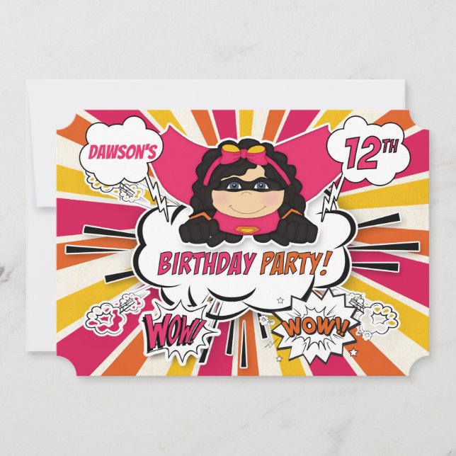 Girls Superhero Pink Comic 12th Birthday Party Inv Invitation (Front)