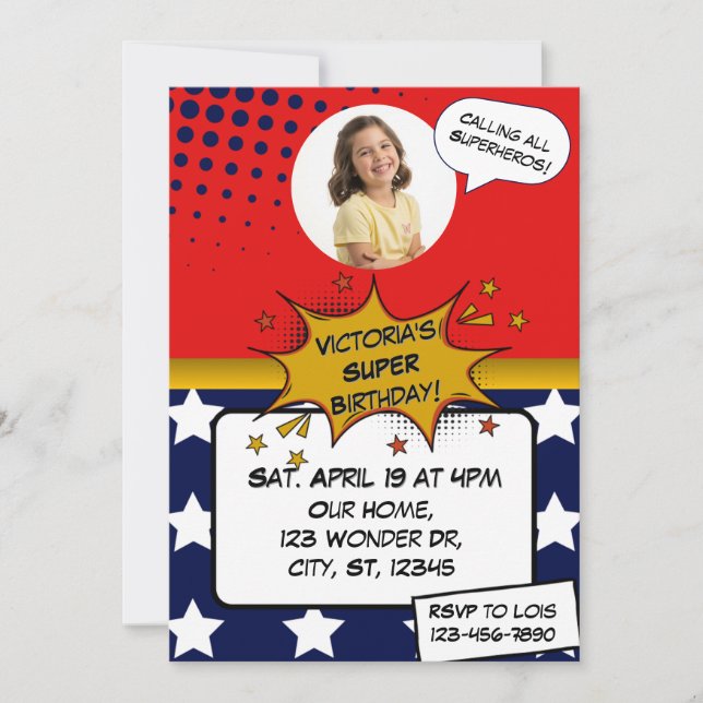 Girls Superhero Red, Blue, Gold & Stars Birthday  Invitation (Front)