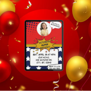 Girls Superhero Red, Blue, Gold & Stars Birthday  Invitation