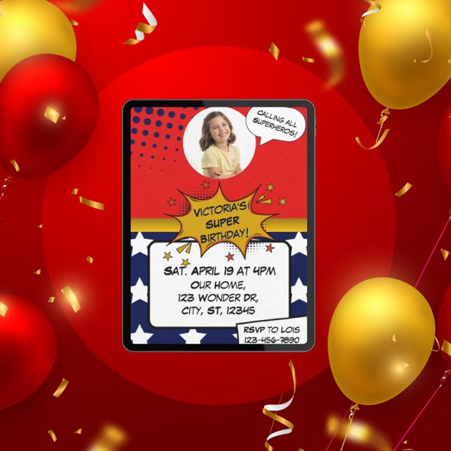 Girls Superhero Red, Blue, Gold & Stars Birthday  Invitation (Creator Uploaded)