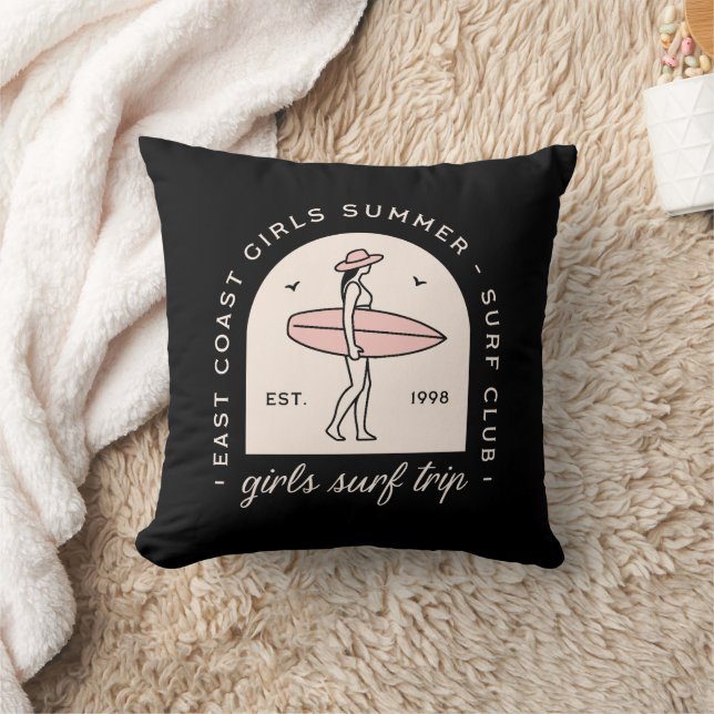 Girls surf trip surfing summer retro black pink cushion (Blanket)