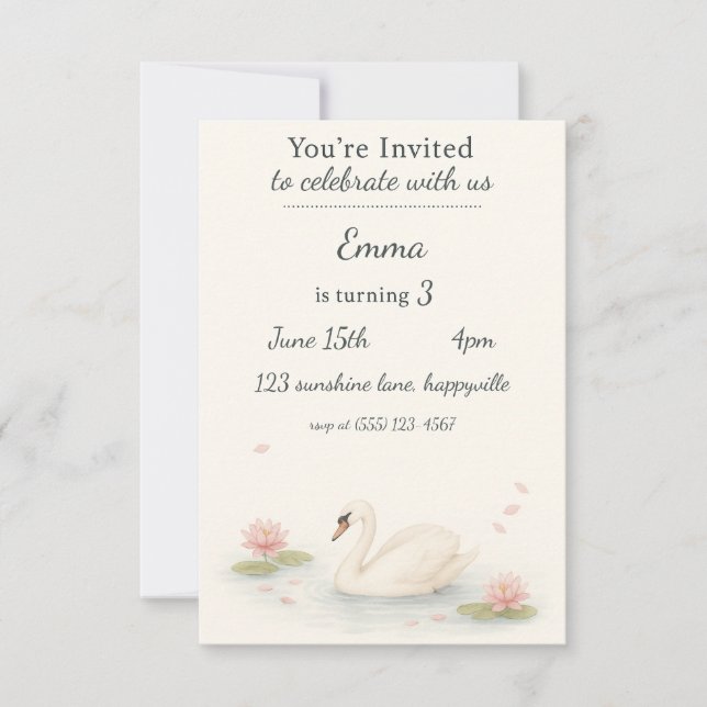 Girl's swan princess birthday Invitation (Front)