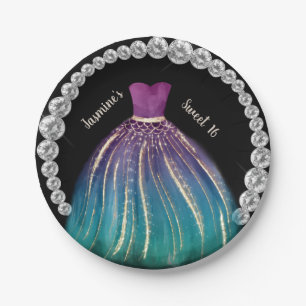Girls Sweet 16 Ombre Dress and Rhinestones Paper Plate