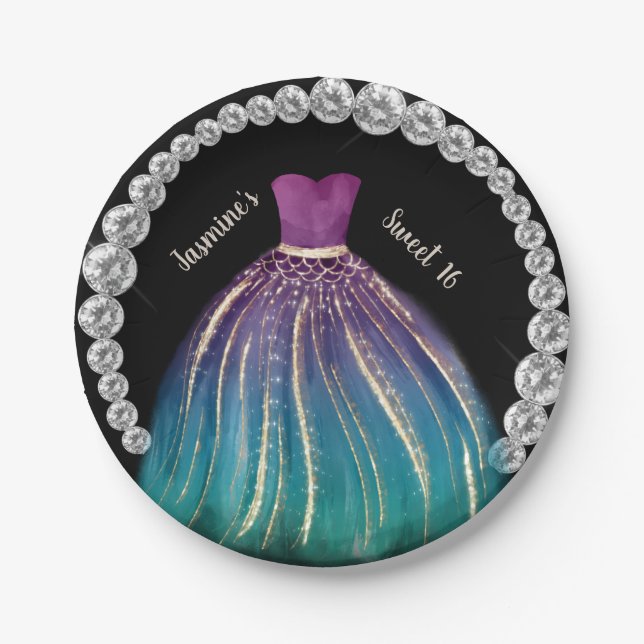 Girls Sweet 16 Ombre Dress and Rhinestones Paper Plate (Front)