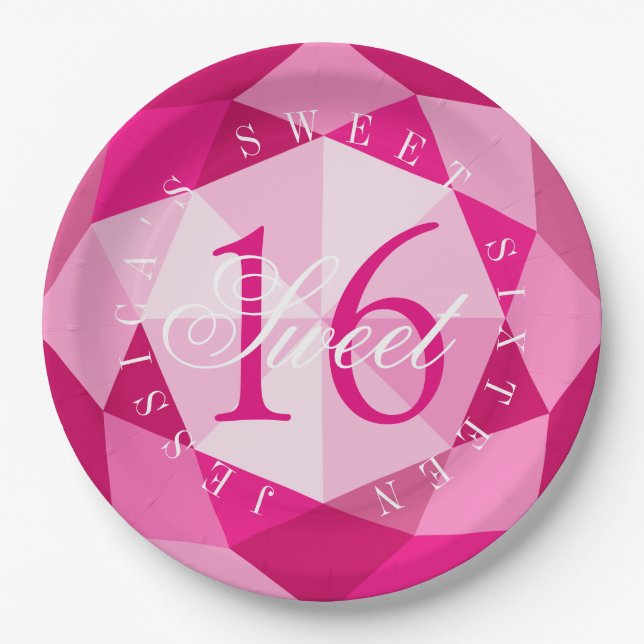 Girls Sweet 16 Sixteen Birthday party pink diamond Paper Plate (Front)